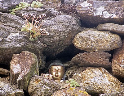 Jakobsweg (Camino Francés): Albergue y la bodeguiña de Mercadoiro – Buddha in einer Steinmauer - Mercadoiro